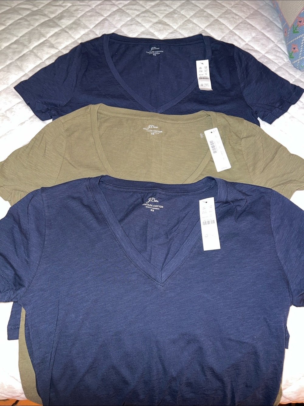 J. Crew V-Neck Cotton Tees in Navy & Olive - 3-Pack